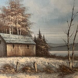 Rustic Winter Barn Canvas Art Print in Brown and Gray